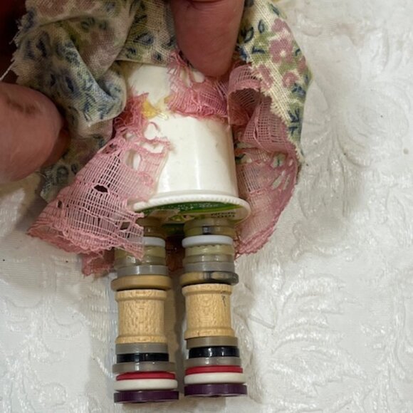 Handmade Standing Button Wooden Blonde Curly Haired Doll 5" - Picture 6 of 10